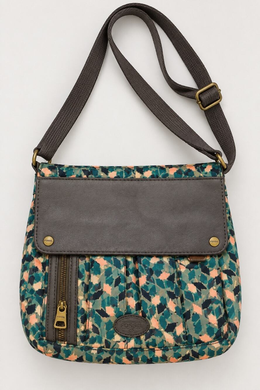 Fossil Morgan Traveler Crossbody Bag – Geometric Print Leather Trim